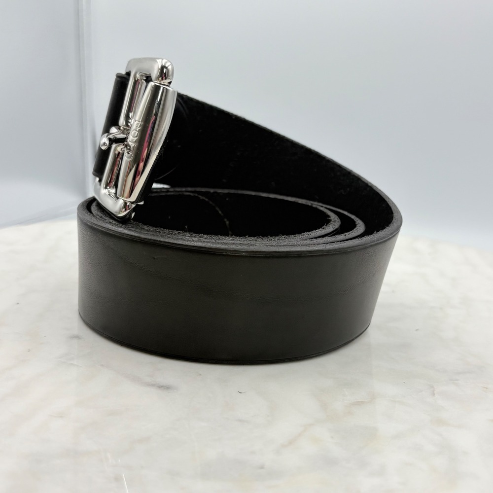 Polo Ralph Lauren Leather Belt Womens XL Black Silver Roller Buckle Classic CBK - Picture 5 of 12